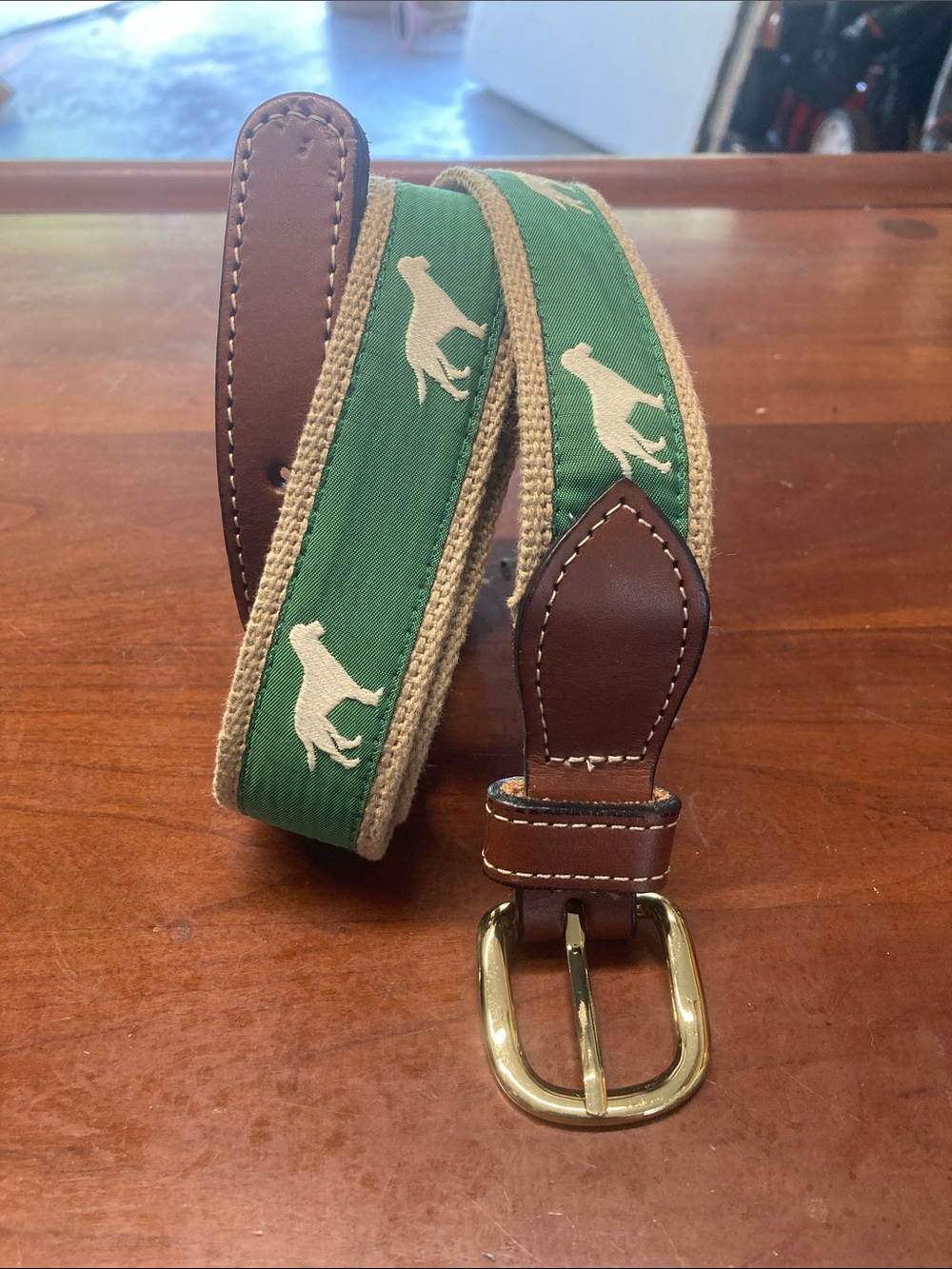 Bullington LEATHER/FABRIC Belt w/bRASS Buckle SIZE: 40 TAN Golden Retriever
